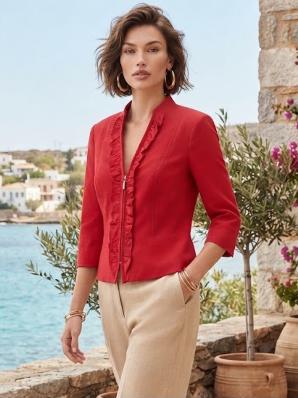 White House Black Market Red Zipper Ruffle Blazer Jacket Size 10